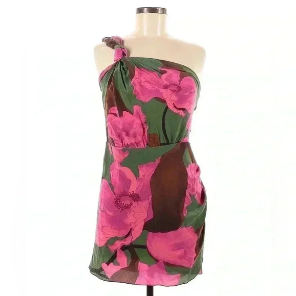JOHANNA ORTIZ San Basilio One-Shoulder Silk Mini Dress 6 Multicolor Green Floral - Picture 4 of 10